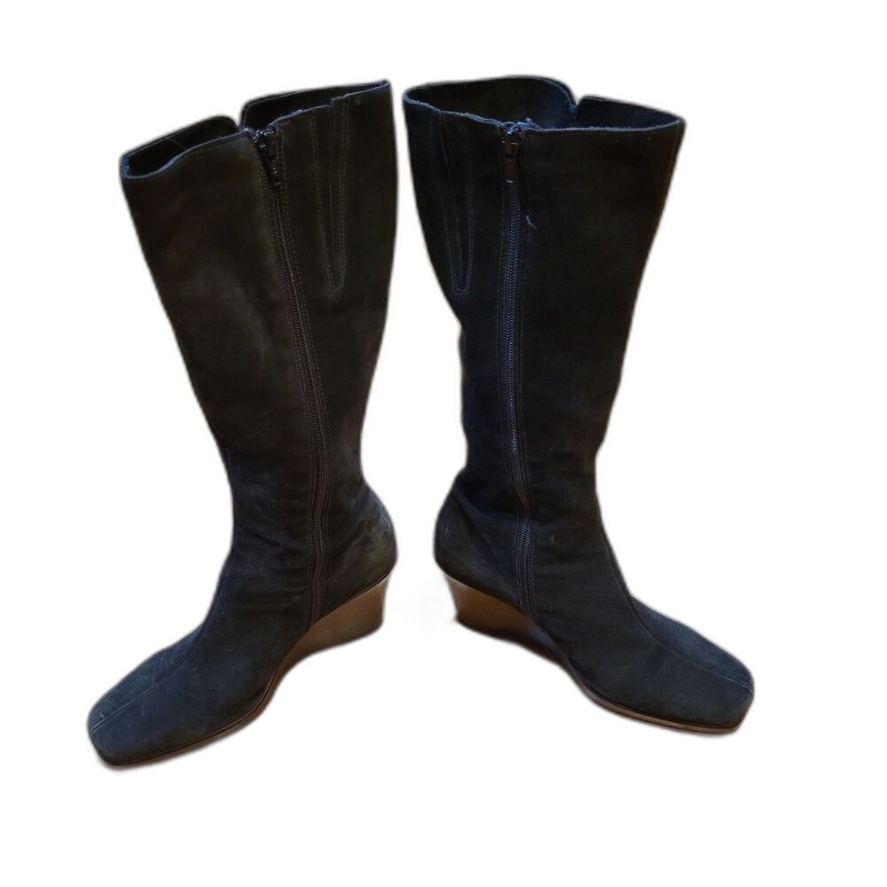 La Canadienne Black Suede Wedge Knee High Boots Waterproof Made in Canada, Sz 8
